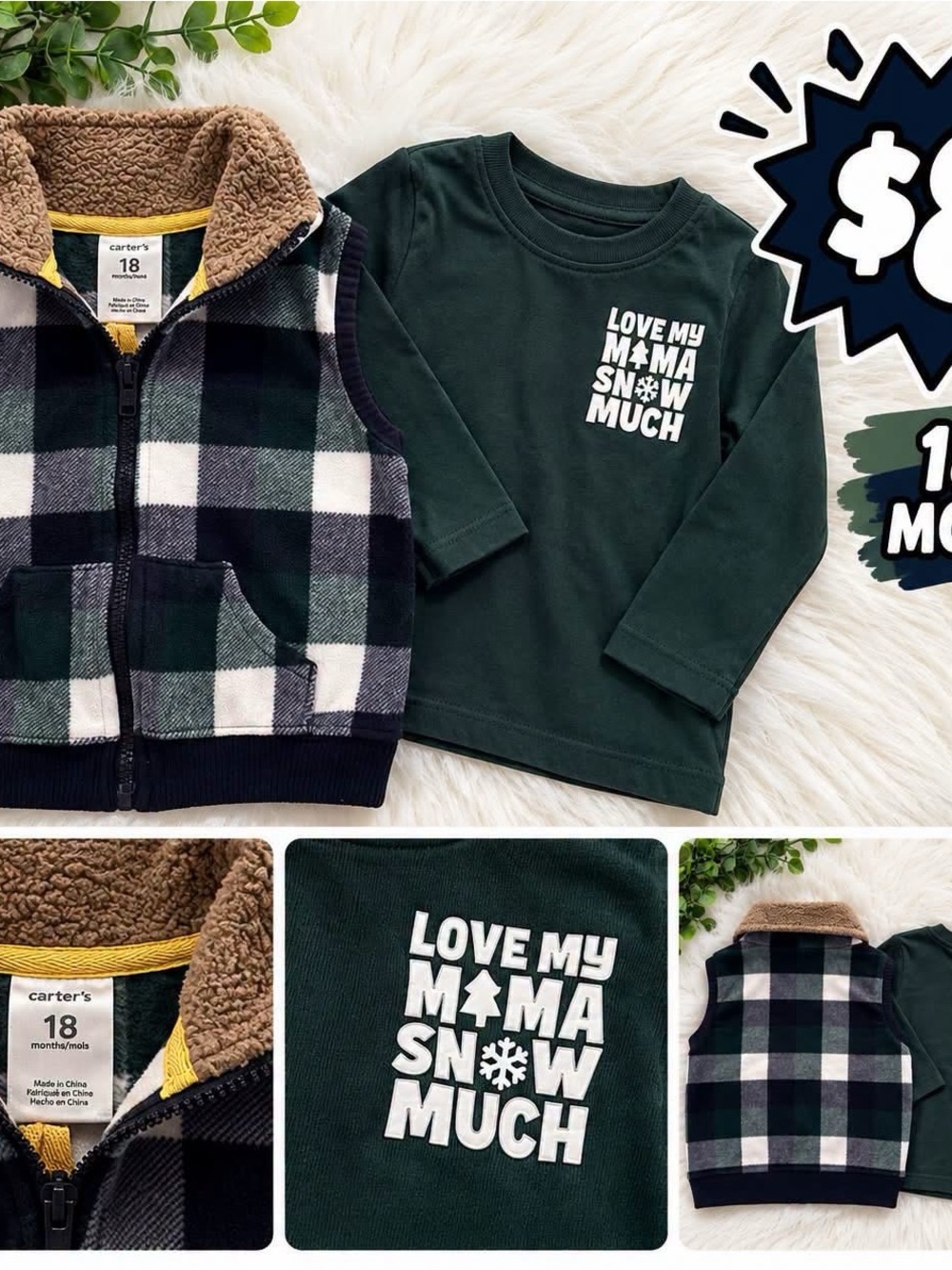 Carter's Dark Green Long Sleeve Tee & Black/White/Green Plaid Sherpa Vest Set